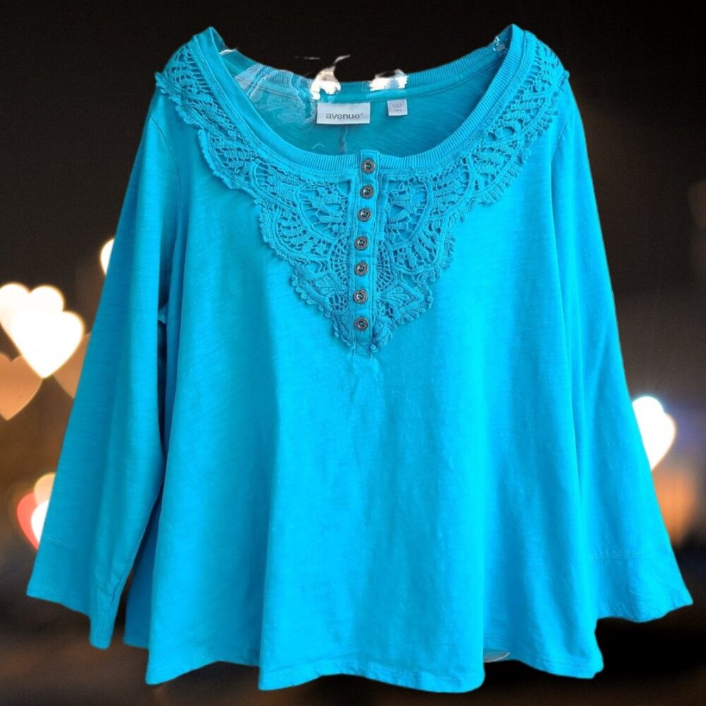 Avenue Womens Top Blouse Long Sleeves Crochet Trim Aqua Blue Size 14-16